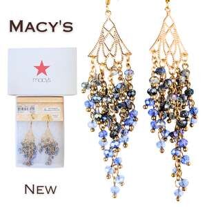 Macy's Chandelier Earrings Gold Blue Crystal Beaded Iridescent Dangle Glam NEW